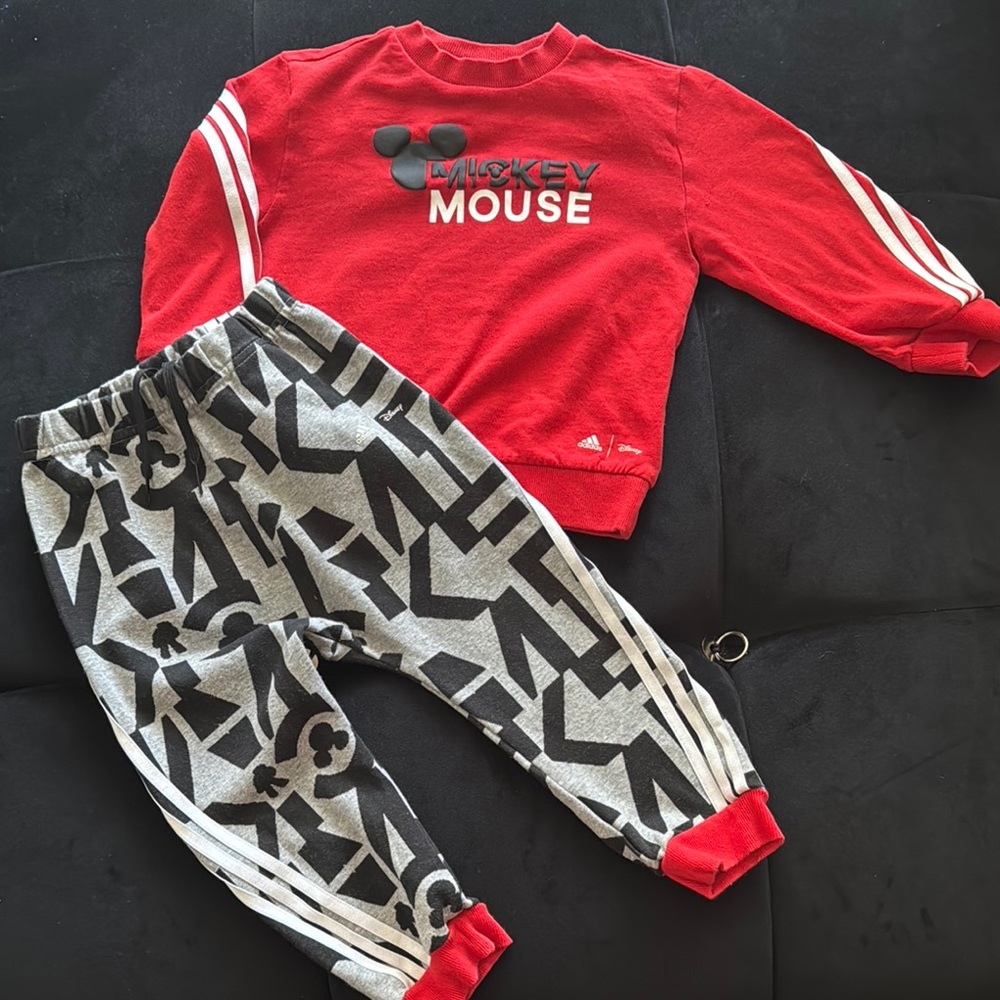 Adidas Red Mickey Mouse Sweatshirt and Gray Patterned Pants Set